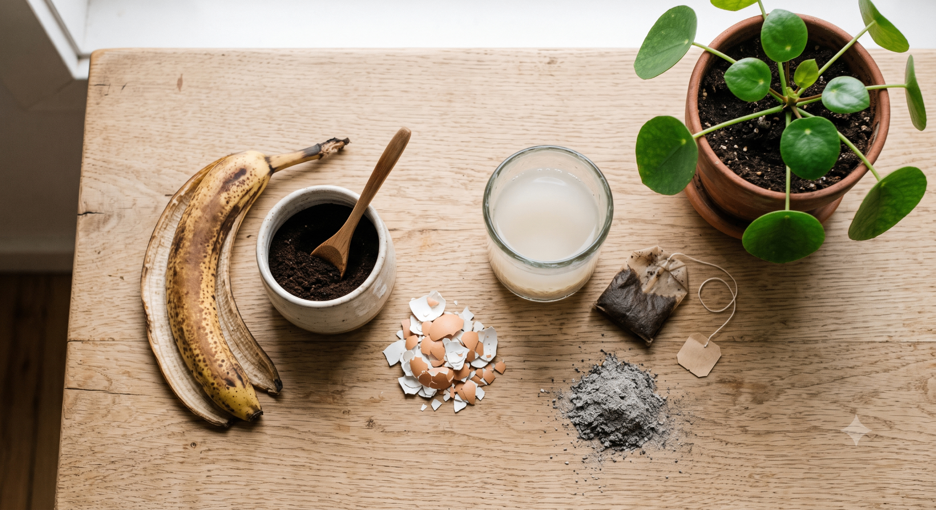 Bancada de madeira com casca de banana, borra de café, casca de ovo, água de arroz, chá usado, cinza e planta em vaso