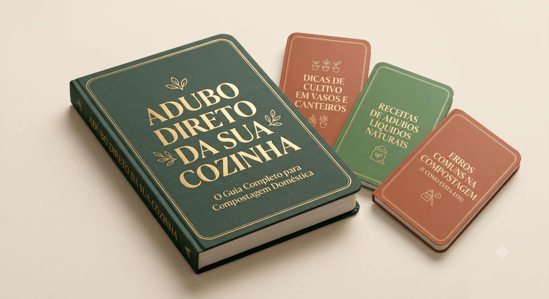Ebook principal Adubo Direto da Sua Cozinha ao lado dos 3 bônus em capas verde e terracota